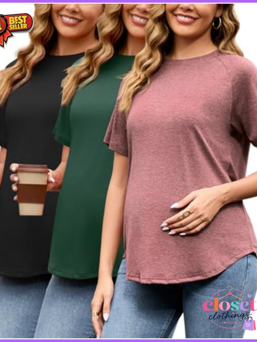Maternity T-Shirts 3 Pack Oversized Short Sleeve Soft Summer Pregnancy Tees for